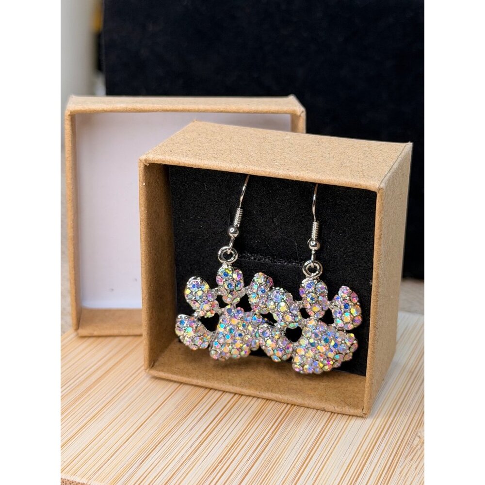 Sparkling Paw Print Dangle Earrings With Rhinestones Silver-Toned Hooks Lightwei